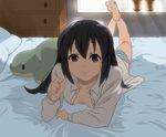  bad_id bad_pixiv_id barefoot bed blush breasts brown_eyes chiro. downblouse feet foreshortening hair_down k-on! long_hair lying nakano_azusa no_bra no_pants on_stomach open_clothes panties small_breasts smile soles solo striped striped_panties stuffed_animal stuffed_toy ton-chan underwear 
