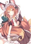  1girl ahoge animal_ear_fluff animal_ears black_dress blush chocolate closed_mouth daidai_ookami dress fox_ears fox_tail frilled_dress frills highres long_hair looking_at_viewer orange_eyes orange_hair original puffy_short_sleeves puffy_sleeves short_sleeves simple_background smile solo tail tongue tongue_out white_background 