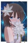  1girl ahoge alternate_costume amatsutsumi bare_shoulders blue_eyes blunt_bangs blush border bouquet brown_hair commentary_request covered_mouth crying crying_with_eyes_open dress elbow_gloves eyes_visible_through_hair fireflies flower gloves hair_flower hair_ornament happy happy_tears highres jewelry lily_(flower) looking_at_viewer mahigu_re medium_hair minazuki_hotaru_(amatsutsumi) necklace nose_blush pearl_necklace simple_background solo streaming_tears tears upper_body wedding wedding_dress white_border white_footwear white_gloves 