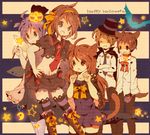  3girls animal_ears asahina_mikuru bat cat_ears food_themed_hair_ornament frills hair_ornament halloween happy_halloween hat highres jack-o'-lantern kanamori_mao koizumi_itsuki kyon multiple_boys multiple_girls nagato_yuki necktie pumpkin pumpkin_hair_ornament suzumiya_haruhi suzumiya_haruhi_no_yuuutsu tail thighhighs top_hat wolf_ears 