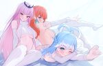  3girls absurdres alternate_costume bed black_tiara blue_eyes blue_hair blush breasts curtains detached_sleeves feathers highres hololive hololive_english hololive_indonesia kobo_kanaeru large_breasts looking_at_viewer medium_breasts meme_attire mori_calliope multicolored_hair multiple_girls on_bed one_eye_closed orange_hair panties pink_hair purple_eyes red_eyes shiratategosha side-tie_panties smile sweater takanashi_kiara thighhighs underwear virgin_destroyer_sweater virtual_youtuber white_panties white_sleeves white_sweater white_thighhighs 