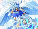  1girl 80yakky bleach blue_eyes blue_hair bow cirno hitsugaya_toushirou ice ice_wings open_mouth parody solo tail touhou wings zoom_layer 