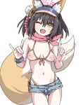  1girl ;d animal_ears black_hair blue_archive blue_shorts denim denim_shorts double_fox_shadow_puppet fang fox_ears fox_girl fox_shadow_puppet fox_tail highres inverted_nipples izuna_(blue_archive) izuna_(swimsuit)_(blue_archive) looking_at_viewer official_alternate_costume one_eye_closed red_scarf scarf short_hair short_shorts shorts simple_background skin_fang smile solo tail tamaya visor_cap white_background yellow_eyes 