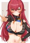 1girl :3 black_shirt blush breasts choco_tanuki cleavage closed_mouth crop_top glasses hand_on_own_hip highres large_breasts long_hair long_sleeves navel nekota_tsuna red_hair shirt simple_background solo torn_clothes torn_shirt upper_body v virtual_youtuber vspo! yellow_eyes 