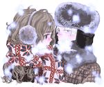  1girl blush brown_hair draco_malfoy earmuffs floral_print from_side harry_potter hermione_granger maiko_(setllon) motion_blur profile scarf short_hair simple_background snowing upper_body white_background winter winter_clothes 