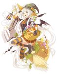  bad_id bad_pixiv_id book broom candy food food_themed_hair_ornament ghost gloves hair_ornament halloween hat izumi_(nagashi) jack-o'-lantern long_hair original pumpkin pumpkin_hair_ornament purple_eyes solo striped striped_legwear thighhighs white_hair wings witch_hat 