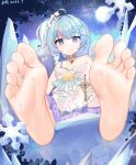  1girl ahoge aqua_nails armpit_crease bare_shoulders barefoot blue_eyes blue_hair blush character_request choker closed_mouth collarbone copyright_request crystal dated dress eyelashes feet foot_focus hair_intakes highres kalun_(fwme3378) long_hair looking_at_viewer multicolored_hair nail_polish outdoors paid_reward_available purple_choker purple_dress short_dress side_ponytail single_strap sitting smile soles solo star-shaped_pupils star_(symbol) streaked_hair symbol-shaped_pupils toenail_polish toenails toes white_dress 