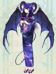  1girl :d bat_wings black_hair black_veil blue_capelet blue_wings braid capelet chain_paradox choker crescent curled_horns demon_girl demon_horns demon_tail demon_wings double-parted_bangs frilled_choker frilled_sleeves frills full_body geta gradient_hair green_background hair_ornament hair_over_shoulder hair_ribbon highres holding horns japanese_clothes kimono long_hair long_sleeves looking_ahead multicolored_hair nail_polish natalia_phinehas piano_print pink_nails pink_ribbon purple_choker purple_hair purple_horns purple_kimono ribbon sash see-through see-through_capelet shichimi smile solo star_(symbol) star_hair_ornament star_print starry_sky_print tail toenail_polish toenails twin_braids veil water_yoyo white_sash wide_sleeves wings yellow_eyes yukata 