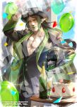  1boy alcohol alternate_costume alternate_hairstyle artist_name balloon black_hair black_headwear black_jacket black_pants cake champagne champagne_bottle champagne_flute collarbone confetti copyright_name cup drinking_glass elf eyeshadow fedora food gloves gradient_hair green_hair green_lips green_vest hanabatake_chaika hanabatake_chaika_(2nd_costume) hand_on_headwear happy_birthday hat helmet holding holding_helmet ikuyoan jacket lipstick long_sleeves looking_at_viewer makeup multicolored_hair nijisanji official_alternate_costume official_alternate_hairstyle official_art open_clothes open_jacket pants pectorals pointy_ears sample_watermark smile solo standing table vest virtual_youtuber watermark white_gloves yellow_eyes 