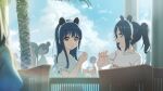  2boys 3others 4girls :d animal_ear_hairband animal_ears black_hair blue_eyes blue_hair blue_sky blurry blurry_background breasts chair clothes_writing cloud cumulonimbus_cloud cup day depth_of_field fake_animal_ears food hairband hibike!_euphonium highres holding holding_cup holding_spoon kasaki_nozomi lens_flare light_particles long_hair looking_at_viewer multiple_boys multiple_girls multiple_others open_mouth outdoors palm_tree people ponytail profile purple_eyes railing raku_rakugaki shaved_ice shirt sidelocks sitting sky small_breasts smile spoon teeth tree upper_body upper_teeth_only white_hairband white_shirt yoroizuka_mizore 