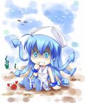  blue_eyes blue_hair bracelet chibi crab fujimoto_akio hat ikamusume jewelry long_hair shinryaku!_ikamusume solo tentacle_hair tentacles underwater 