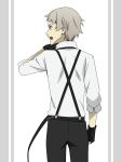  1boy black_gloves bungou_stray_dogs from_behind gloves grey_hair hand_on_own_chin highres looking_to_the_side mari_(marimaripink) nakajima_atsushi_(bungou_stray_dogs) open_mouth shirt solo twitter_username upper_body white_shirt yellow_eyes 