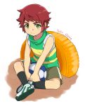  1boy artist_name ball blush character_request child commentary_request copyright_request green_eyes highres male_focus oddnoise original red_hair short_sleeves shorts sitting soccer_ball socks solo 