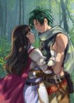  1boy 1girl absurdres arm_around_waist armor astrid_(fire_emblem) black_hair cape commission commissioner_upload couple fingerless_gloves fire_emblem fire_emblem:_radiant_dawn gloves green_hair hetero highres long_hair looking_at_another outdoors parted_lips pauldrons shirt shoulder_armor sleeveless sleeveless_shirt sothe_(fire_emblem) tamafry tree yellow_eyes 