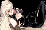  1girl a-91_(girls&#039;_frontline) black_background black_bodysuit blonde_hair blush bodysuit breast_cutout breasts closed_mouth ear_piercing flask girls&#039;_frontline hat highres holding holding_flask looking_at_viewer lying mole mole_under_eye parted_lips piercing pink_nails ryuu_tou saliva saliva_trail smile solo twitter_username yellow_eyes 