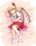  absurdres blonde_hair bow character_doll doll flandre_scarlet hair_bow hat highres kusanagi_matabi lying ponytail remilia_scarlet short_hair side_ponytail sleeping socks solo touhou wings 