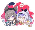  2girls :&lt; animal_ears beret black_headwear black_jacket black_necktie bound bound_wrists brown_hair closed_mouth collared_shirt contemporary drill_hair eyewear_on_head hat heart herta_(honkai:_star_rail) high_ponytail honkai:_star_rail honkai_(series) jacket kiiiy long_hair multiple_girls necktie purple_eyes shirt silver_wolf_(honkai:_star_rail) smile sparkling_eyes sweat very_long_hair white_shirt wolf_ears yuri 