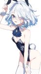  1girl absurdres ahoge alternate_costume animal_ears arm_up armpit_crease ascot bare_shoulders between_legs blue_ascot blue_eyes blue_hair blue_nails blush breasts cleavage detached_collar fake_animal_ears fake_tail furina_(genshin_impact) genshin_impact hair_intakes hand_between_legs heterochromia highleg highleg_leotard highres leotard looking_at_viewer multicolored_hair nail_polish open_mouth parted_bangs playboy_bunny rabbit_ears rabbit_tail saku20 short_hair small_breasts solo strapless strapless_leotard streaked_hair sweatdrop swept_bangs symbol-shaped_pupils tail thighhighs wavy_mouth white_thighhighs wrist_cuffs 