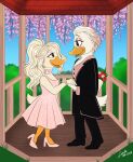 anatid anseriform anthro avian bird blush bouquet canon_couple clothing disney dress_pants dress_shirt dress_shoes duck ducktales ducktales_(2017) duo eye_contact female female/female flower flower_bouquet footwear girly hand_holding hi_res high_heels holidays lena_(ducktales) lena_de_spell lesbian_couple looking_at_another lunula_(artist) plant romantic romantic_couple rose_(flower) shirt suit_jacket tomboy topwear valentine&#039;s_day webby_vanderquack