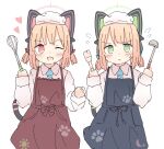  2girls alternate_costume animal_ear_headphones animal_ears apron blonde_hair blue_apron blue_archive blue_necktie blush bow cat_ear_headphones collared_shirt crescent_print fake_animal_ears fake_tail flying_sweatdrops green_bow green_eyes green_halo hair_bow halo hands_up headphones heart highres holding holding_ladle holding_whisk kamotsu_yasai ladle long_sleeves looking_at_viewer midori_(blue_archive) momoi_(blue_archive) multiple_girls necktie one_eye_closed open_mouth paw_print pink_eyes pink_halo red_apron red_bow shirt short_hair siblings sisters smile sun_print tail twins whisk white_background white_headwear white_shirt 