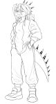 2024 anthro aquilops black_and_white braided_hair clothing dinosaur eyelashes female footwear hair hand_in_pocket hoodie horn long_tail looking_at_viewer maria_(snoot_game) monochrome pockets prometheuzone reptile scalie shoes sketch sneakers snoot_game snout solo spiked_tail spikes spikes_(anatomy) tail topwear