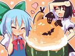  9law black_hair blue_hair blush bow cirno closed_eyes hair_bow halloween hands_on_own_cheeks hands_on_own_face happy heart multiple_girls pumpkin shameimaru_aya shaved_ice short_hair simple_background smile touhou wiping_forehead 
