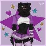 &lt;3 1:1 absurd_res anthro arm_warmers armwear band-aid band-aid_on_face bandage belt bird_dog black_body black_fur blush bottomwear canid canine canis cerberussenn clothing crop_top domestic_dog floppy_ears freckles fur girly green_eyes hi_res hunting_dog labrador leg_warmers legwear male mammal pink_clothing retriever shasta_chirmann_(cerberussenn) shirt signature skirt slim smile solo star tail topwear