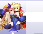  2girls arnor blonde_hair boots caster dress fate/extra fate/stay_night foxgirl green_eyes japanese_clothes long_hair pink_hair saber saber_extra short_hair wada_rco yellow_eyes 