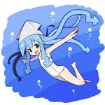  armpits bad_id bad_pixiv_id barefoot blue_eyes blue_hair flat_chest full_body hands hat ikamusume long_hair one-piece_swimsuit school_swimsuit shinryaku!_ikamusume smile solo swimming swimsuit tentacle_hair transparent_background underwater white_school_swimsuit white_swimsuit yuragi_(nukomomo) 