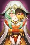  1girl agibe bandaged_arm bandages duel_monster green_hair heart heart-shaped_pupils heavy_breathing highres hood hood_up open_mouth orange_eyes prophecy_phrase_of_the_colors_of_the_wind short_hair_with_long_locks short_sleeves solo sweat symbol-shaped_pupils tearing_up torn_clothes torn_sleeves yu-gi-oh! yu-gi-oh!_rush_duel 