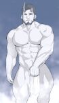  1boy abs bara beard broken_horn covering_crotch covering_privates demon_boy demon_horns facial_hair feet_out_of_frame full_beard greyscale_with_colored_background highres horns kansuke_(kansuke_717) large_pectorals live_a_hero looking_at_viewer male_focus mature_male muscular muscular_male navel nessen_(live_a_hero) nipples nude_cover pectorals short_hair solo standing stomach thick_eyebrows thick_thighs thighs topless_male 