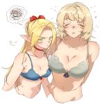  2girls 44baby44 blonde_hair blue_bra blush bow bra breasts bright_pupils choker cleavage closed_eyes commentary_request cropped_torso dungeon_meshi falin_thorden green_eyes hair_bow highres large_breasts long_hair looking_at_viewer marcille_donato medium_hair multiple_girls parted_lips pointy_ears pout red_bow red_choker small_breasts spoken_squiggle squiggle underwear underwear_only upper_body white_background white_pupils 