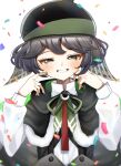  1boy a_c_bb black_cape black_hair black_headwear blush brown_eyes cape chinese_commentary commentary_request confetti eye_of_senri fur-trimmed_cape fur_trim green_ribbon grin hands_up hat highres indie_virtual_youtuber long_sleeves looking_at_viewer male_focus neck_ribbon ribbon shirt short_hair simple_background smile solo tabinoki_kanae two-sided_cape two-sided_fabric upper_body virtual_youtuber white_background white_shirt 
