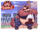 anthro baseball_(sport) baseball_bat bat_(object) belly brown_body brown_fur brown_hair burping chain clothing detailed_background dragon fangs fur gabe_nephalem hair hat headgear headwear hi_res horn jacket jewelry kofu_(character) kofu_grizzly_chubby male necklace overweight pubes reptile scalie sport tail teeth topwear
