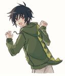  1boy back black_hair casual cyaninefinch dinosaur_hood green_jacket gundam gundam_seed gundam_seed_destiny gundam_seed_freedom head_tilt highres jacket looking_at_viewer red_eyes shinn_asuka smile solo white_background 