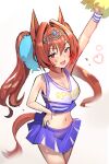  1girl :d animal_ears arm_up bare_arms bare_shoulders blue_skirt breasts brown_hair cheerleader cleavage clothes_writing commentary cowboy_shot daiwa_scarlet_(umamusume) gradient_background grey_background hair_between_eyes hair_intakes hand_on_own_hip heart highres holding holding_pom_poms horse_ears long_hair looking_at_viewer medium_breasts midriff miniskirt navel open_mouth pleated_skirt pom_pom_(cheerleading) red_eyes shirt skirt sleeveless sleeveless_shirt smile solo solokitsune standing sweat thighs tiara twintails umamusume very_long_hair white_background wristband 