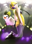  bad_id bad_pixiv_id bare_shoulders black_legwear blonde_hair boots emolga gen_5_pokemon gym_leader headphones highres kamitsure_(pokemon) looking_back meth_(emethmeth) pantyhose pokemon pokemon_(creature) pokemon_(game) pokemon_bw purple_eyes short_hair 