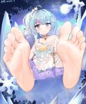  1girl ahoge aqua_nails armpit_crease bare_shoulders barefoot blue_eyes blue_hair blush character_request choker collarbone copyright_request crystal dated dress eyelashes feet foot_focus hair_intakes highres kalun_(fwme3378) long_hair looking_at_viewer multicolored_hair nail_polish open_mouth outdoors paid_reward_available purple_choker purple_dress short_dress side_ponytail single_strap sitting soles solo star-shaped_pupils star_(symbol) streaked_hair symbol-shaped_pupils toenail_polish toenails toes white_dress 
