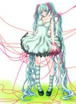  absurdres aqua_hair asymmetrical_clothes dress green_eyes green_legwear hatsune_miku headphones highres kneehighs legs long_hair mismatched_legwear sha smile socks solo string striped striped_legwear twintails very_long_hair vocaloid 