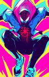  1boy abstract_background animal_print black_bodysuit bodysuit chun_lo highres hood hooded_jacket jacket jumping male_focus marvel mask miles_morales multicolored_background shoes sneakers solo spandex spider-man:_into_the_spider-verse spider-man_(series) spider-verse spider_print spider_web_print superhero two-sided_fabric two-sided_hoodie 