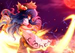  aosuke_(ayakawa_akito) aura blue_hair dress electricity embers fire food fruit full_moon glowing glowing_eyes hat hinanawi_tenshi long_hair looking_back moon peach pyrokinesis red_eyes red_moon solo star sword sword_of_hisou touhou weapon 