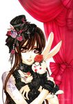  absurdres black_nails brown_eyes brown_hair colored_pencil_(medium) cross_yuki flower gothic gothic_lolita hat highres hino_matsuri holding lolita_fashion long_hair mini_hat mini_top_hat nail_polish red_flower red_rose rose solo stuffed_animal stuffed_bunny stuffed_toy top_hat traditional_media vampire_knight watermark 