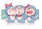  bell bow bowtie crossdressing doraemon doraemon_(character) eyelashes eyeshadow gradient_background highres kodo_(cd) makeup neck_bell pink_lips pocket purple_eyeshadow red_nose whiskers 