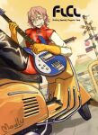  1girl 2000s_(style) artist_name flcl gloves guitar hair_between_eyes haruhara_haruko highres instrument motor_vehicle moully pink_hair scooter short_hair smile solo vespa yellow_gloves 