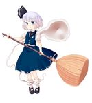  absurdres bamboo_broom blue_eyes bob_cut broom ghost hair_ribbon highres konpaku_youmu konpaku_youmu_(ghost) mary_janes muku_(muku-coffee) ribbon shoes short_hair silver_hair smile solo touhou white_hair 