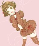  akizuki_ryou bad_id bad_pixiv_id bad_proportions crossdressing hair_ribbon idolmaster idolmaster_dearly_stars kasu1192 male_focus midriff open_mouth otoko_no_ko ribbon smile solo striped striped_legwear thighhighs 