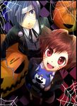  1girl animal_ears bad_id bad_pixiv_id blue_eyes blue_hair cat_ears checkered checkered_background fangs female_protagonist_(persona_3) hair_ornament halloween headphones jack-o'-lantern jack_frost kazanami mummy persona persona_3 persona_3_portable pumpkin red_eyes red_hair school_uniform silk spider_web yuuki_makoto 