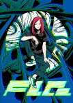  1girl 2000s_(style) absurdres denim fashion flcl green_eyes green_footwear highres invisible_chair jeans lips omh204 pants red_hair samejima_mamimi sitting solo 