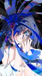  1girl abstract bare_shoulders black_background black_hair blue_eyes blue_hair blue_nails colorful frown hair_intakes highres hololive hololive_english liquid looking_at_viewer mouchu multicolored_hair nail nail_polish ouro_kronii short_hair simple_background solo upper_body virtual_youtuber 