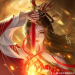  1girl absurdres artist_request bare_shoulders cai_lin_(doupo_cangqiong) closed_mouth covering_own_eyes doupo_cangqiong dress embers fire hair_ornament hand_up highres holding holding_sword holding_weapon long_hair red_dress red_eyes red_nails second-party_source smile solo sword weapon yanyuuxushi_fengyouling 